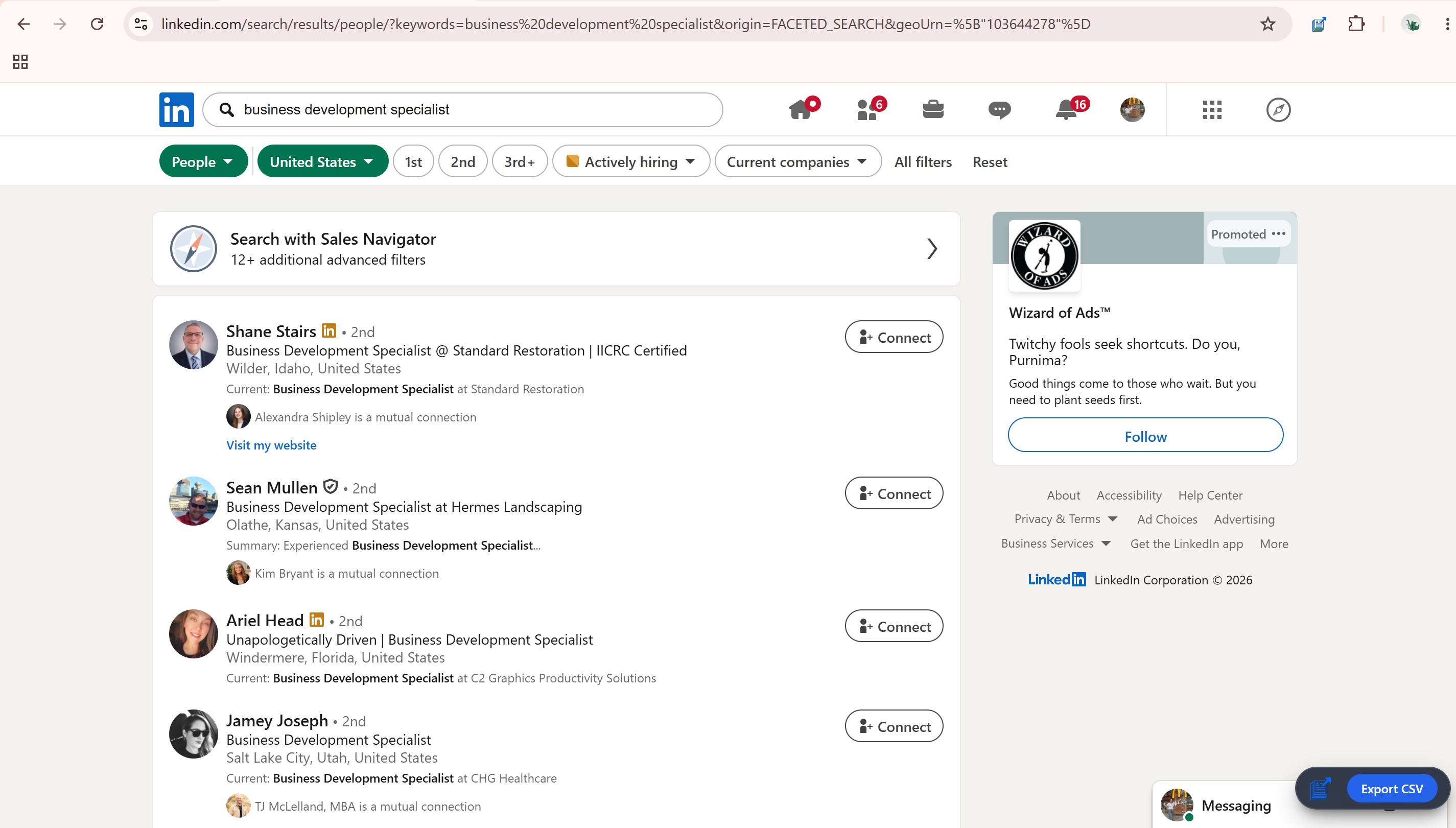 LinkedIn Search Page Export CSV Option